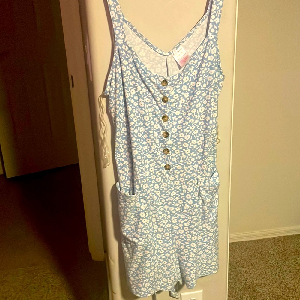Blue flowered shirt tank top romper